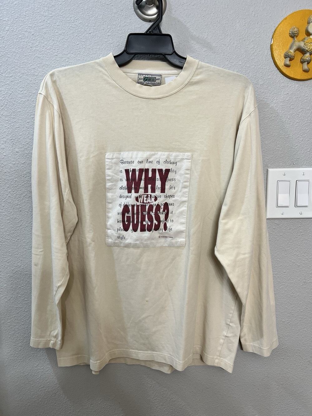 Vintage 1994 Guess Why Wear Guess Long Sleeve Shirt Mens M 90s Graphic Macau